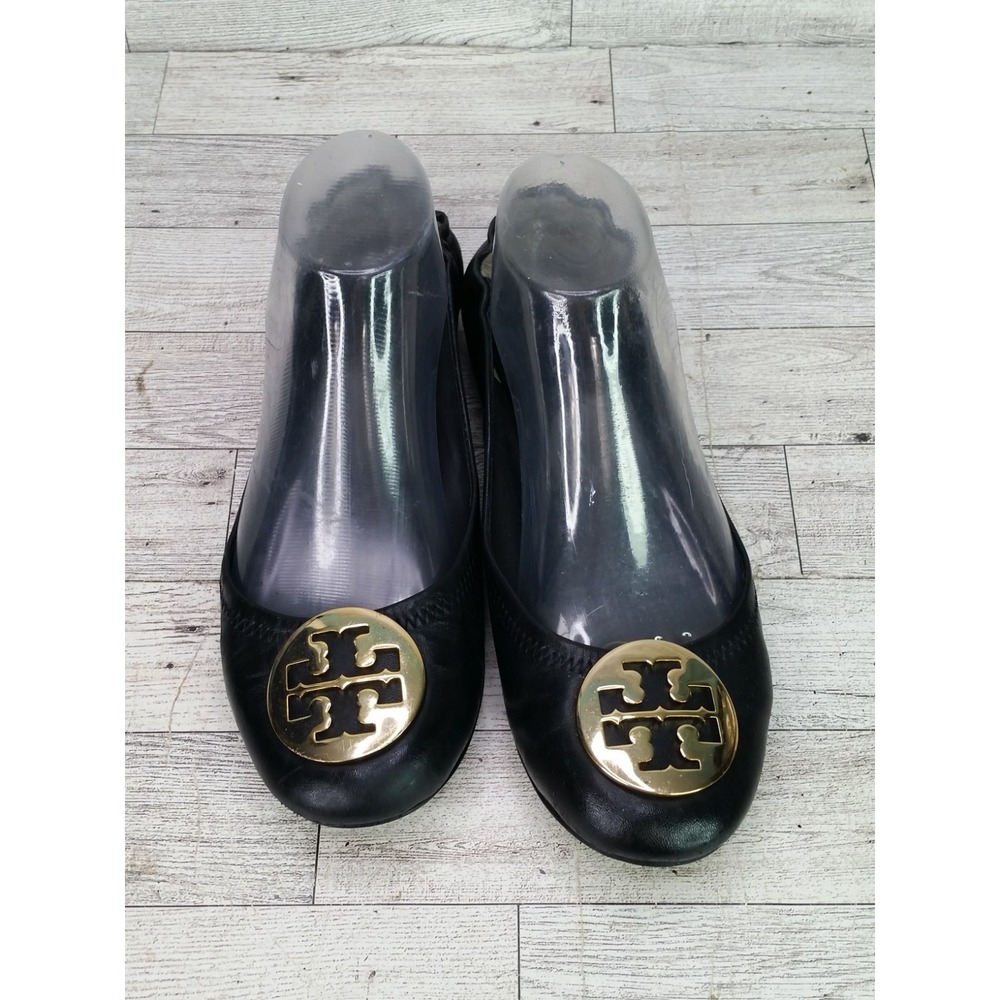 Tory Burch Womens Black Leather Reva Ballet Flats Designer Luxury Timeless 7.5 M